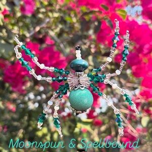Turquoise/teal/sea foam Crystal Spider with pearls